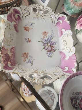 Antique Pink and Gold Floral Porcelain Tray